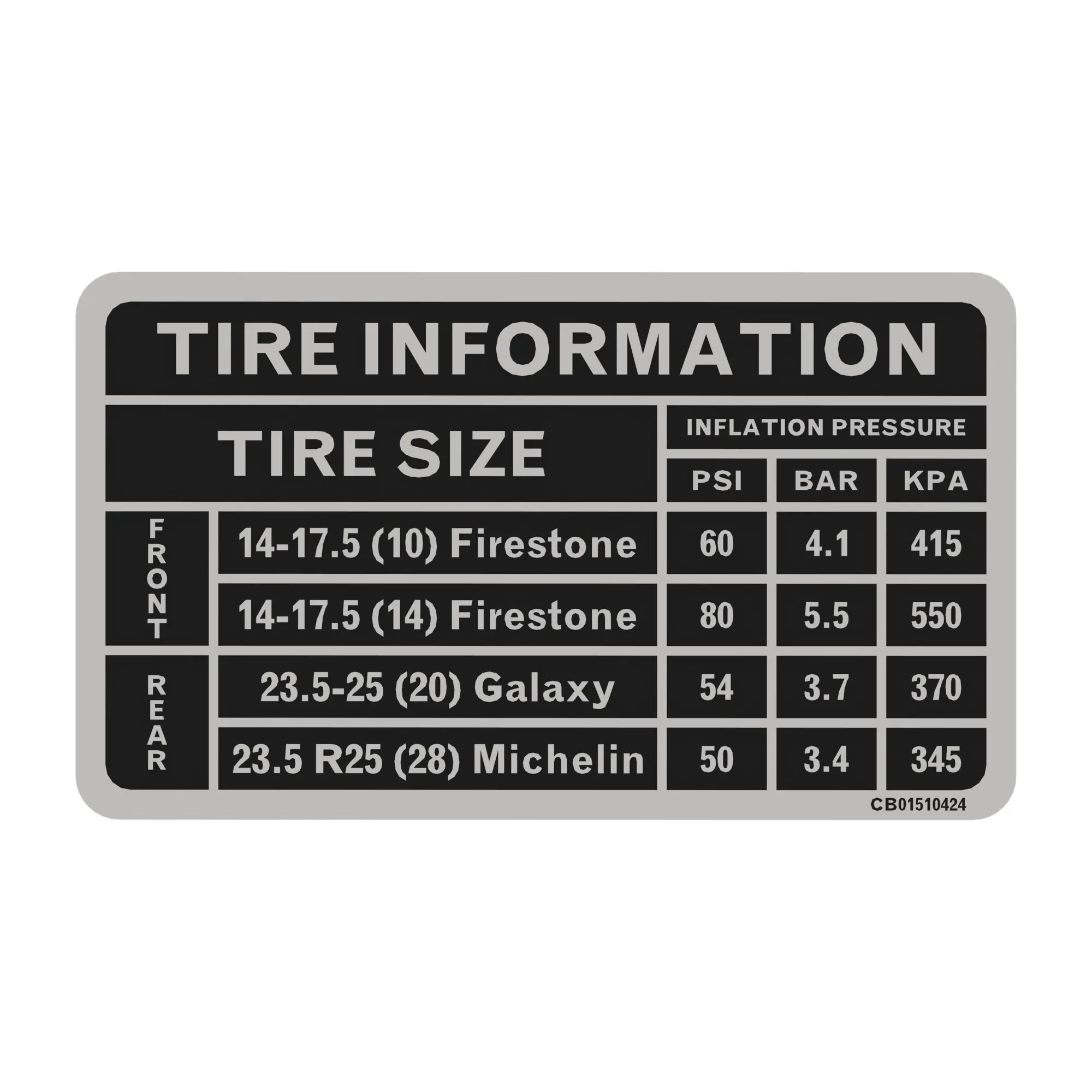 John Deere Tire Pressures Label English - CB01510424