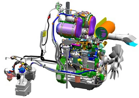3D rendering of a compact mechanical powertrain or engine assembly with multiple interconnected components, including tanks, wiring, hoses, a turbo‑like unit, and a fan, shown in various colors.