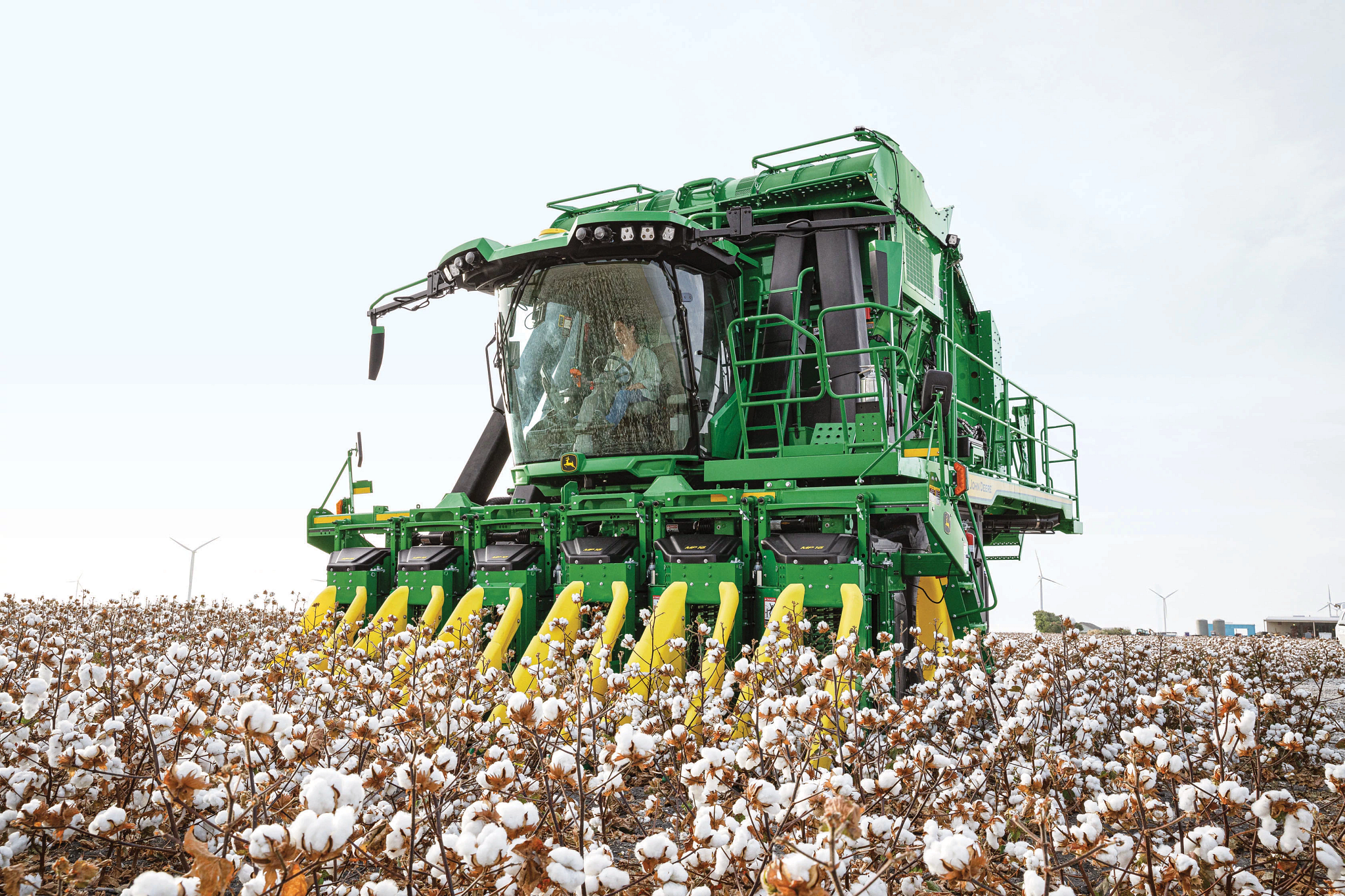 Large green cotton harvester moving through a field of mature cotton plants, with multiple yellow picking units at the front collecting white cotton bolls under an overcast sky