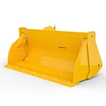 Front left studio view of a yellow multipurpose loader bucket, not attached to a machine