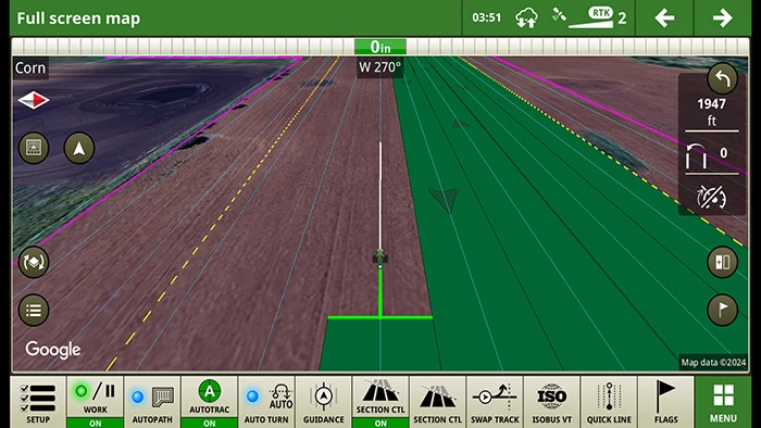 Screenshot of green-highlighted rows overlaying a G5 satellite-mapped cornfield