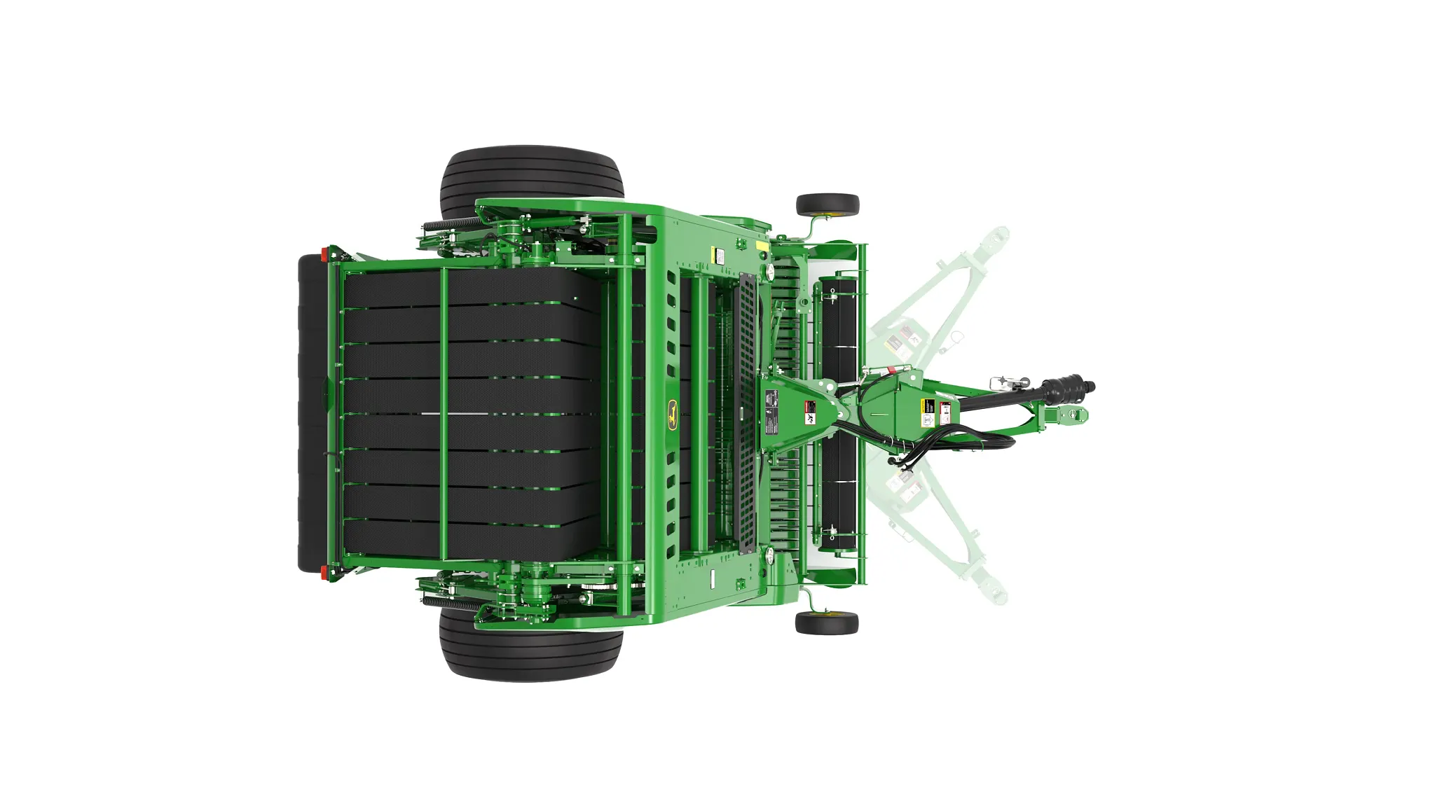 Top-down view of a John Deere 561R round baler with Precutter, showing the hitch, pickup assembly, bale chamber belts, large transport wheels, and green frame on a white background