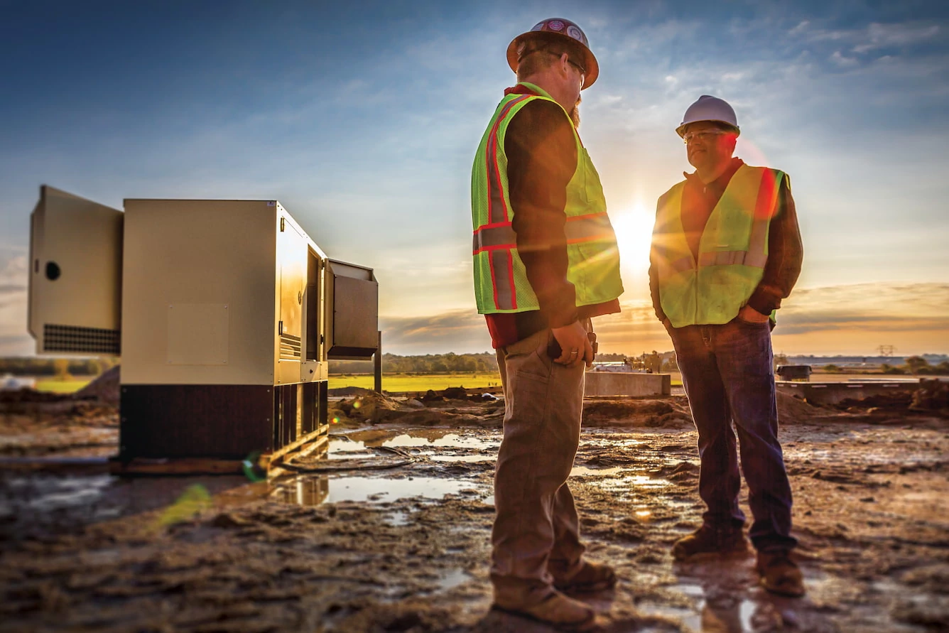 Two workers on job site next to generator with open door