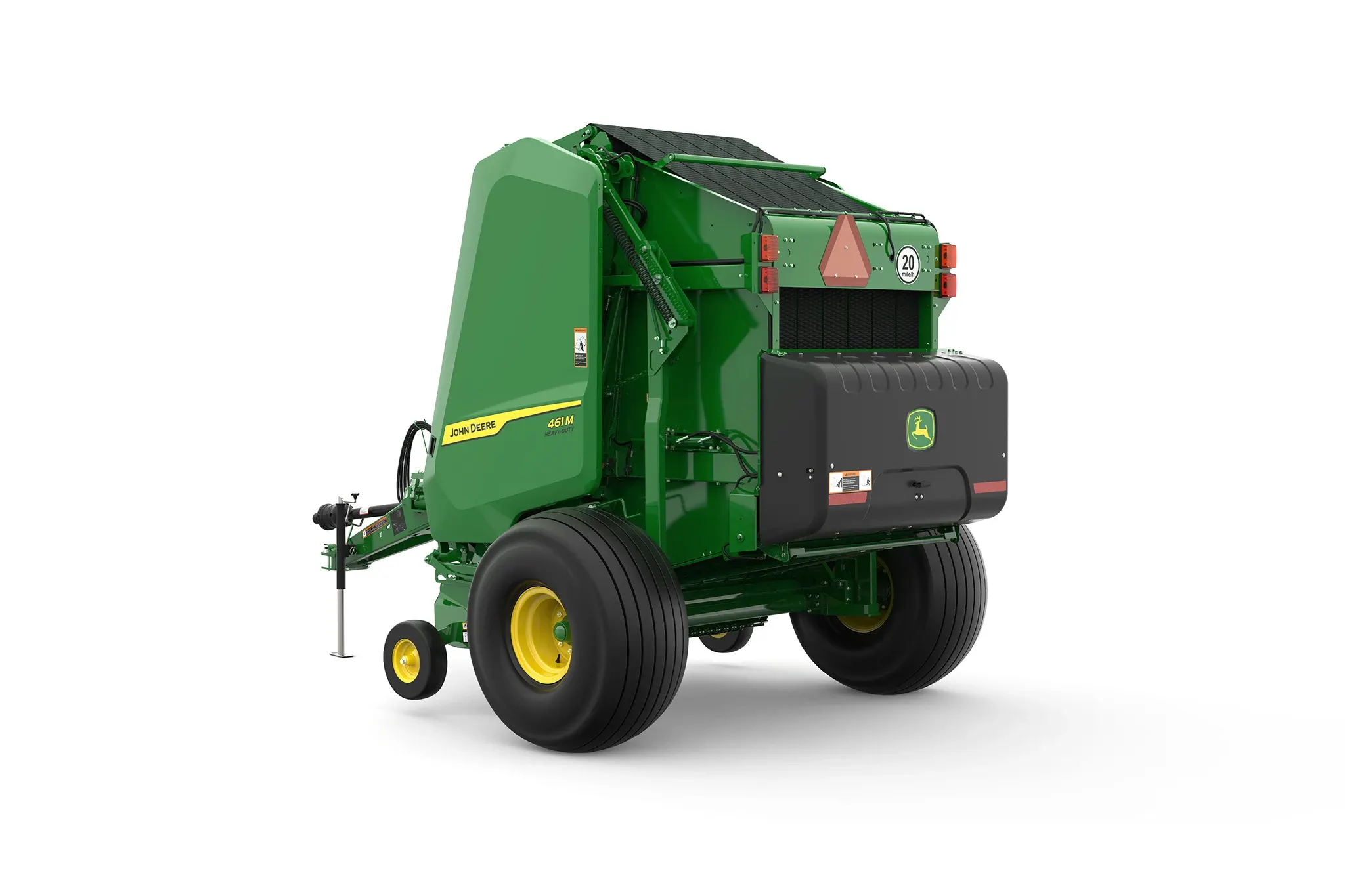 Studio rendering of 461M round baler shown from a rear three-quarter angle on a white background, featuring a green body, yellow wheels, rear storage compartment, bale chamber, and front tow hitch