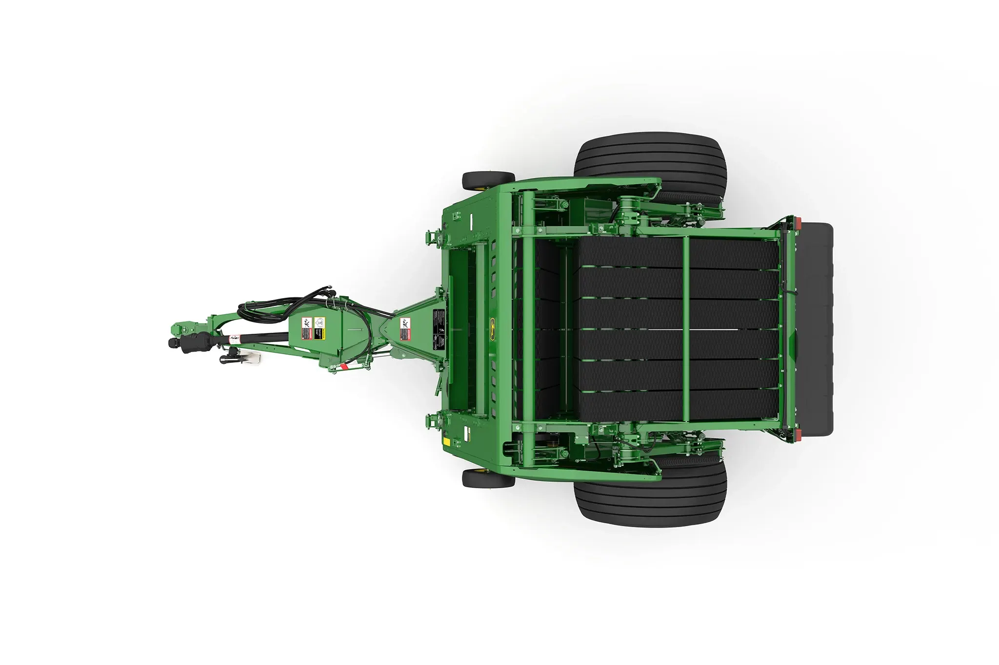 Studio rendering of 461M round baler top view on a white background, showing the tow hitch, bale chamber belts, large rear tires, and machine frame layout