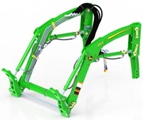 Front left studio view of a 120E loader's green parking mounting system: arms and cables