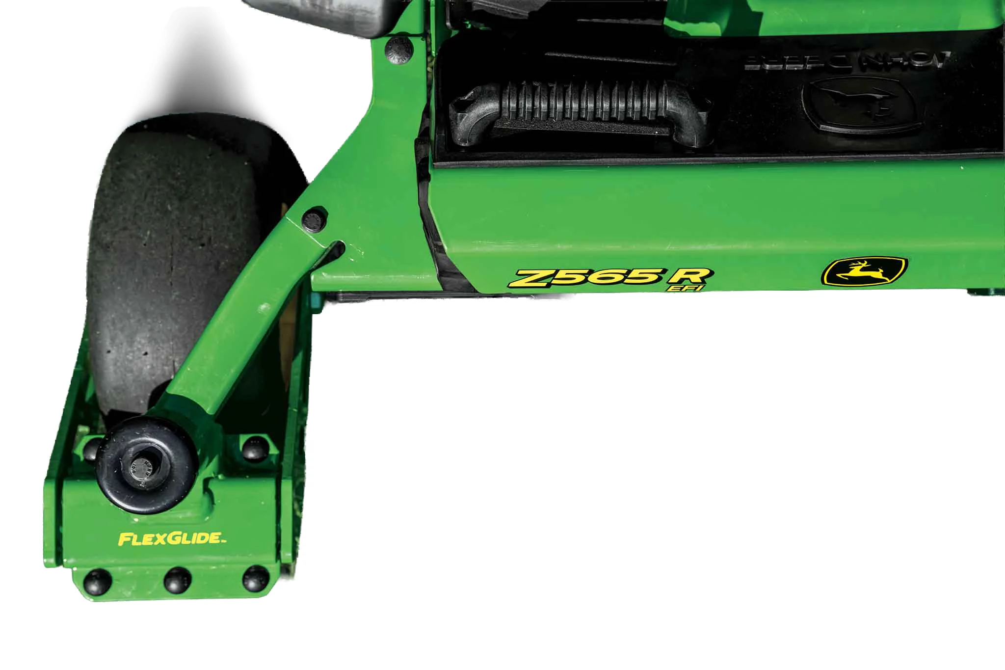 Close-up shot of the Z565R and FlexGlide logos on a zero-turn mower on a white background.