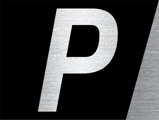 Stylized capital letter ‘P’ with a brushed metal texture on a black background, partially framed by an angled gray stripe on the right