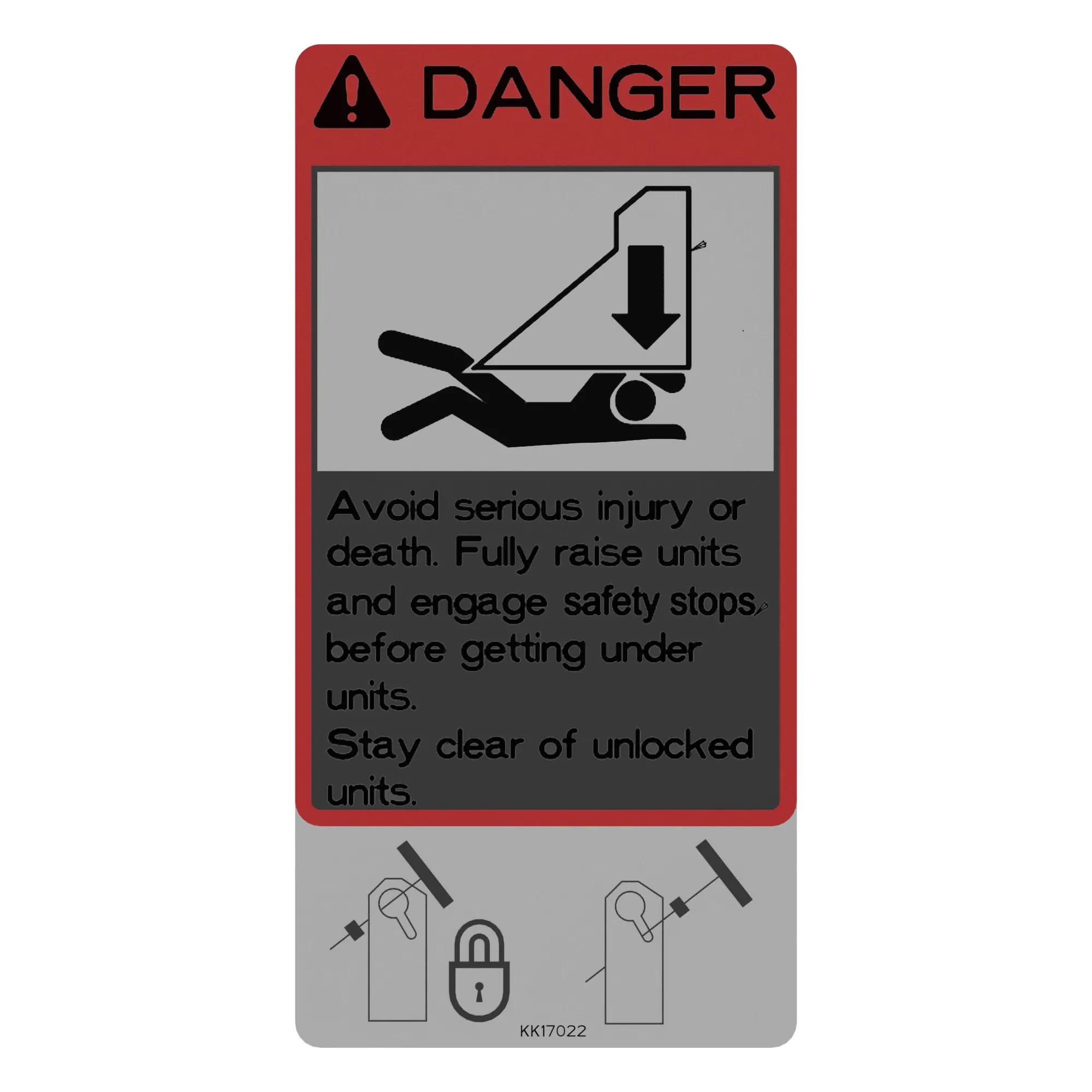 John Deere Unit Danger Safety Stops Label, Mechanical Crush - KK17022