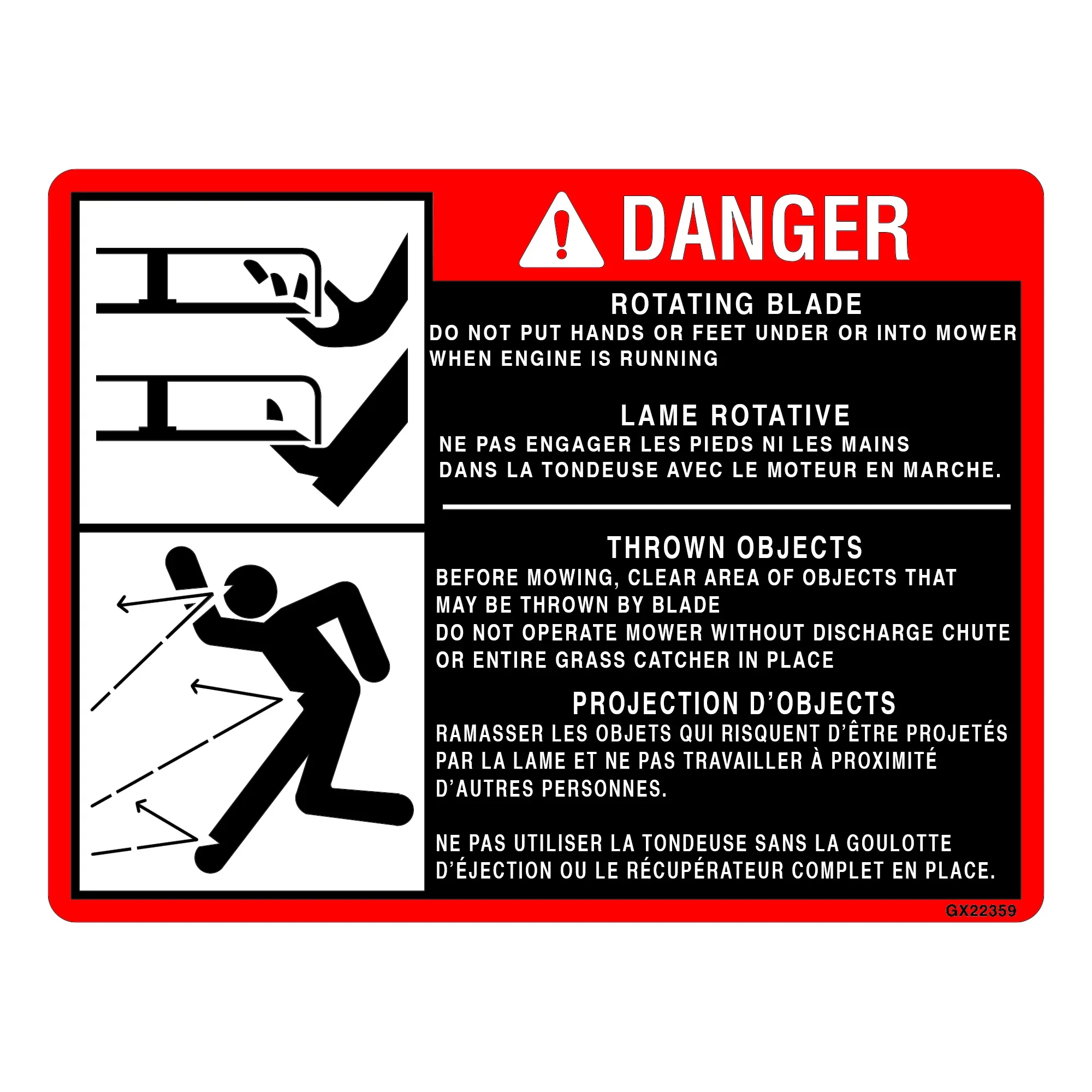 John Deere Thrown Object Danger Label, French, English - GX22359