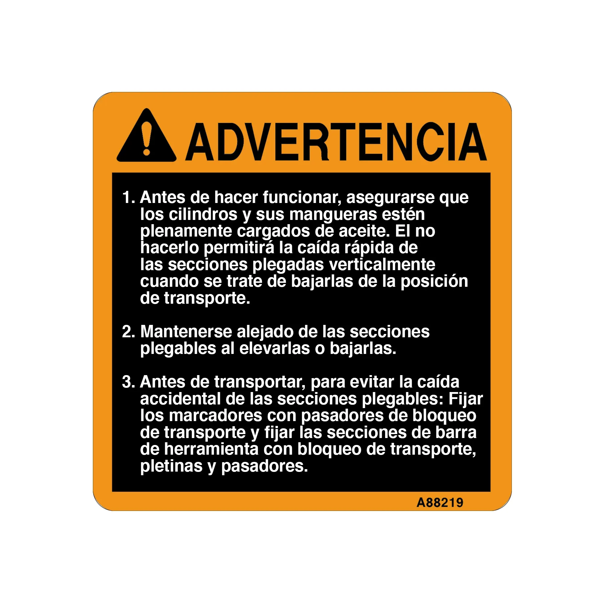 John Deere Warning Wing Fall Label - A88219