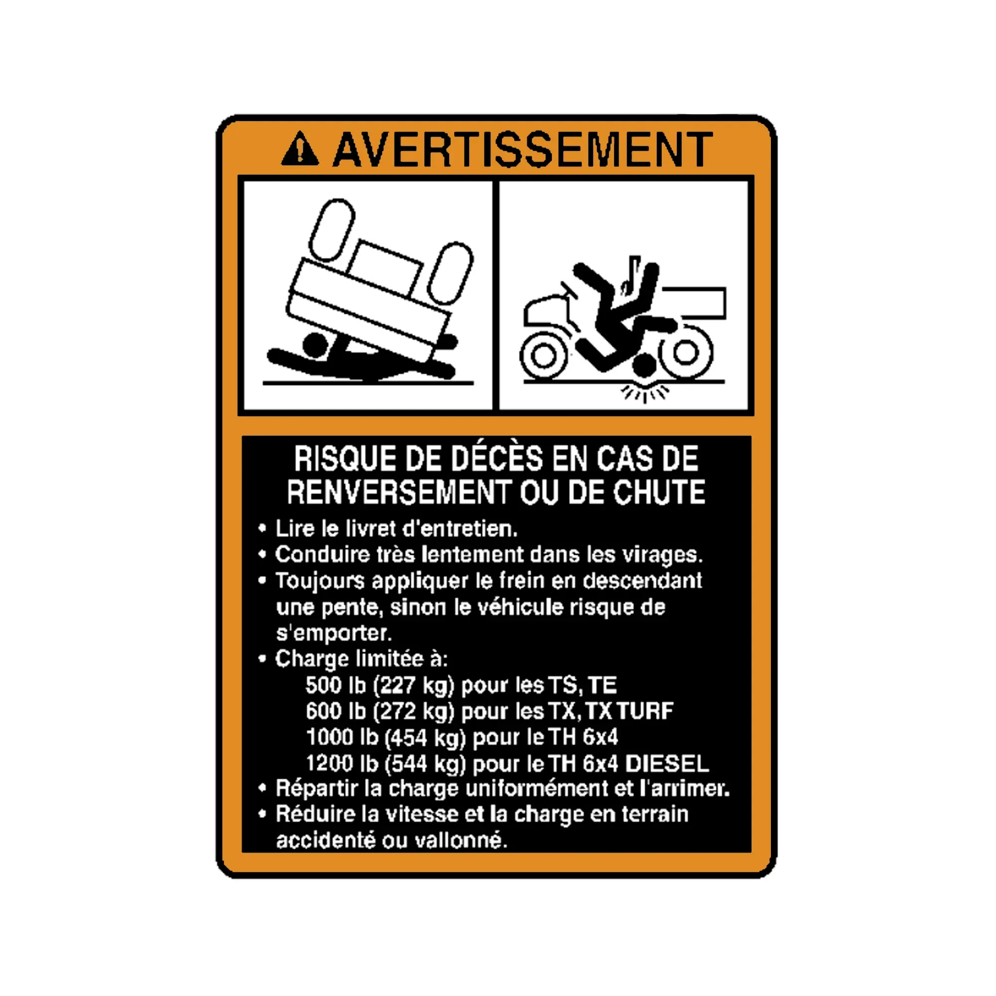 John Deere Safety Sign, Rollover Warning, Canadian French - M154108