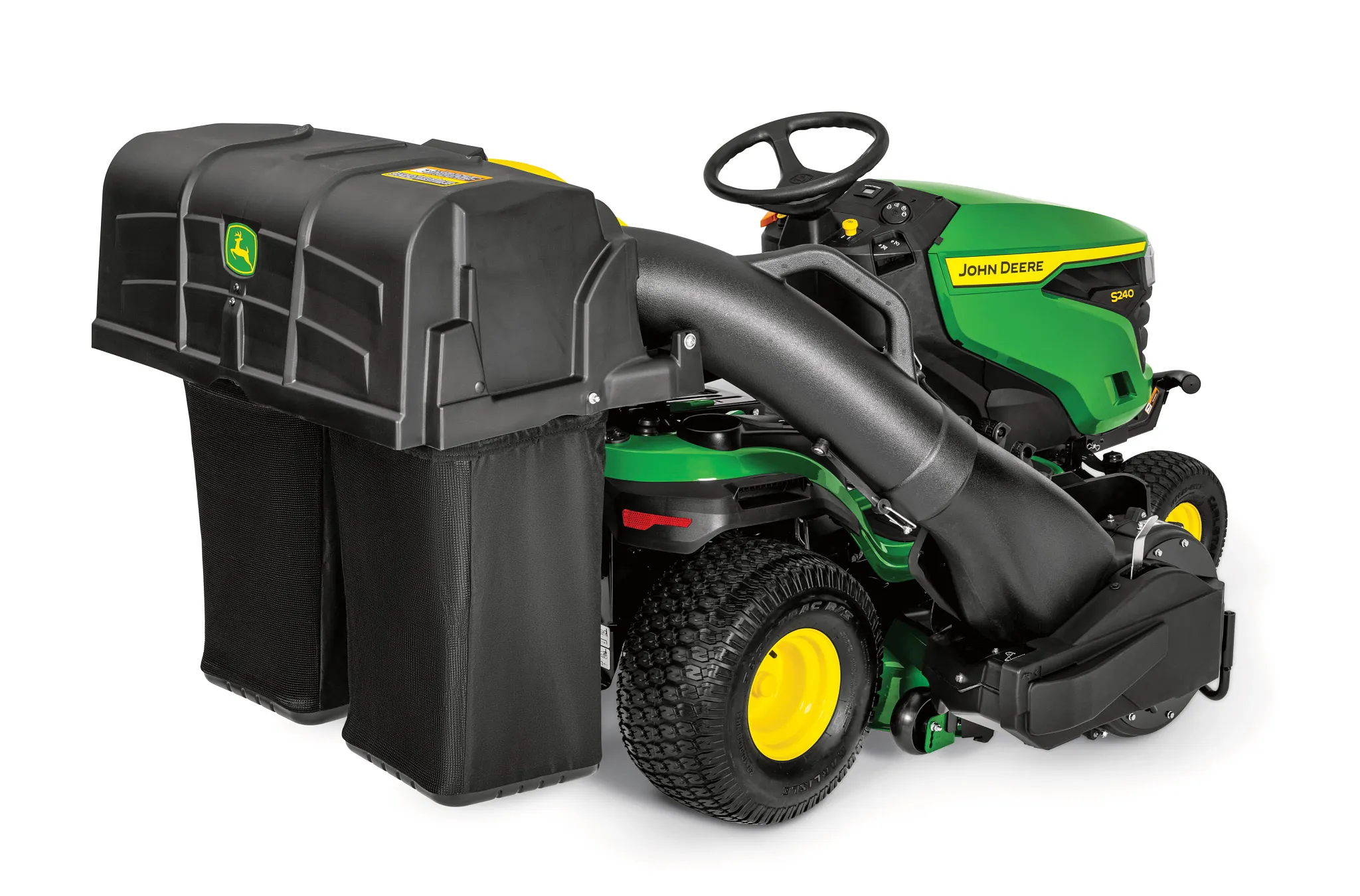 Rear right studio view of an S240 Lawn Tractor with black, rear-attached bagger