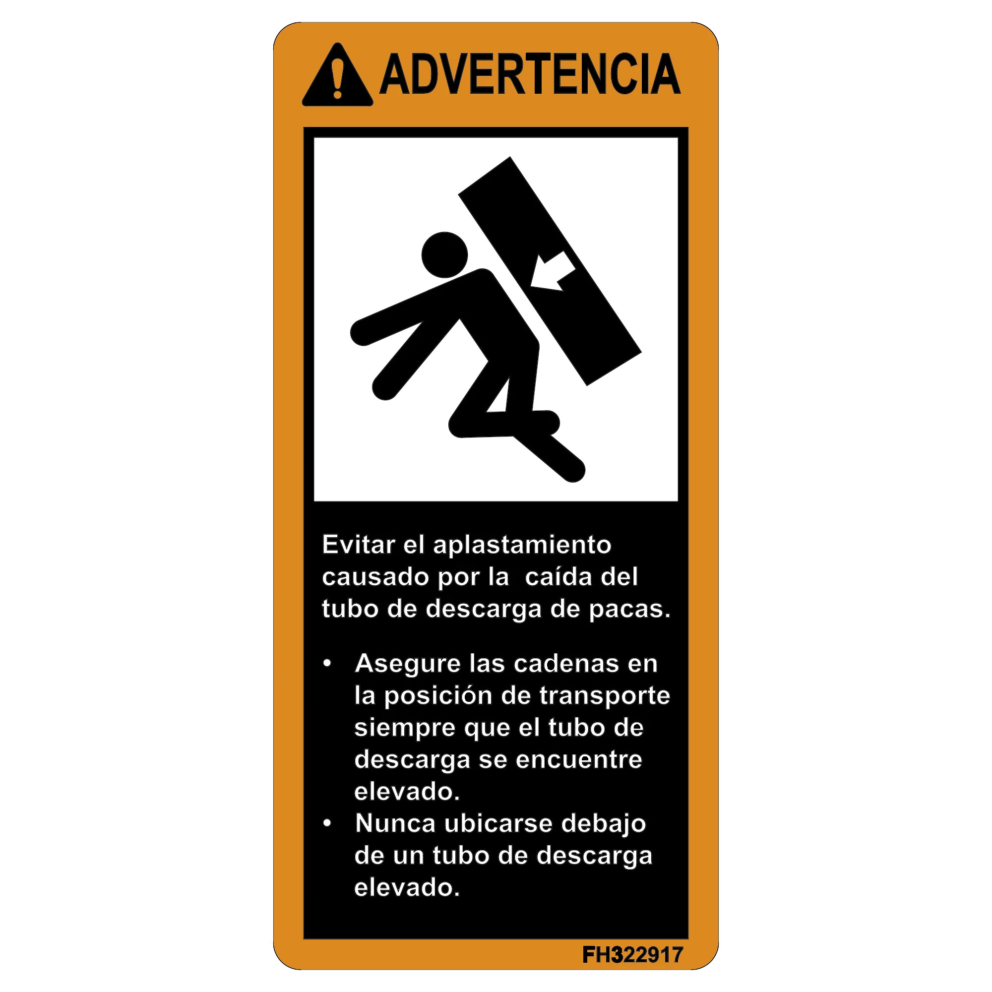 John Deere Bale Chute Warning Decal, Spanish - FH322917