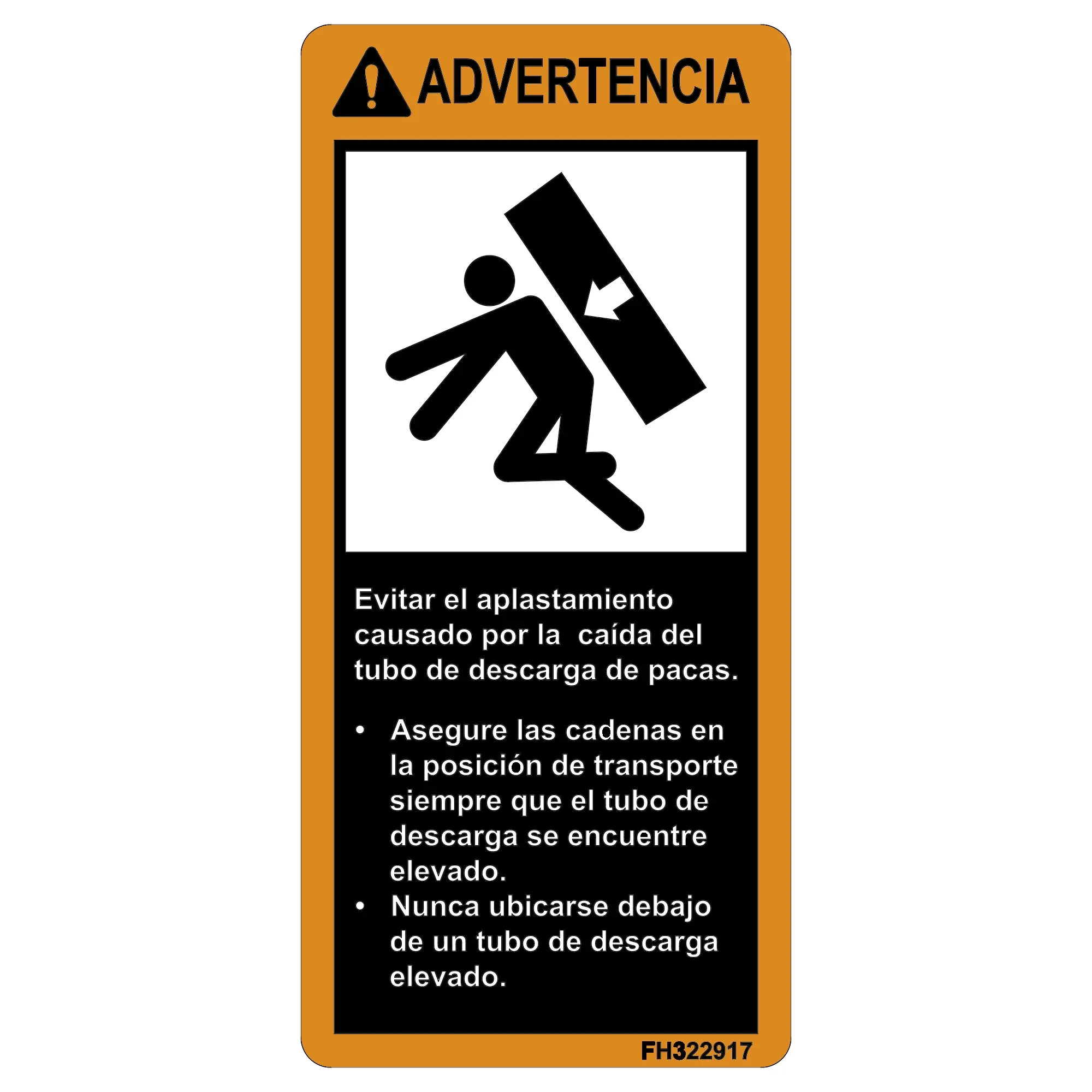 John Deere Bale Chute Warning Decal, Spanish - FH322917
