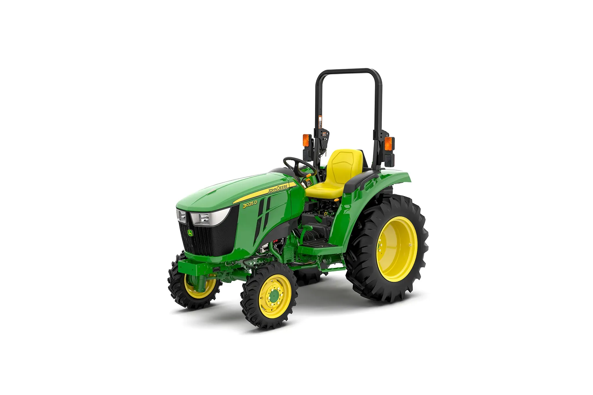 John Deere 3025D compact utility tractor with a rollover protective structure, yellow seat, and large rear tires, shown from a front three-quarter angle on a white background