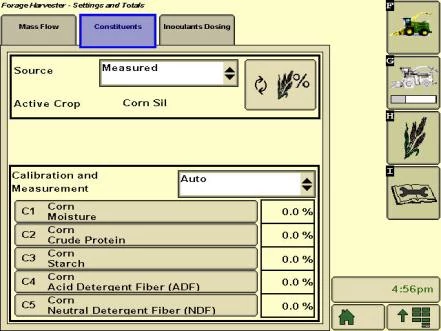 Display screen showing forage harvester constituent settings for corn silage, with calibration values listed