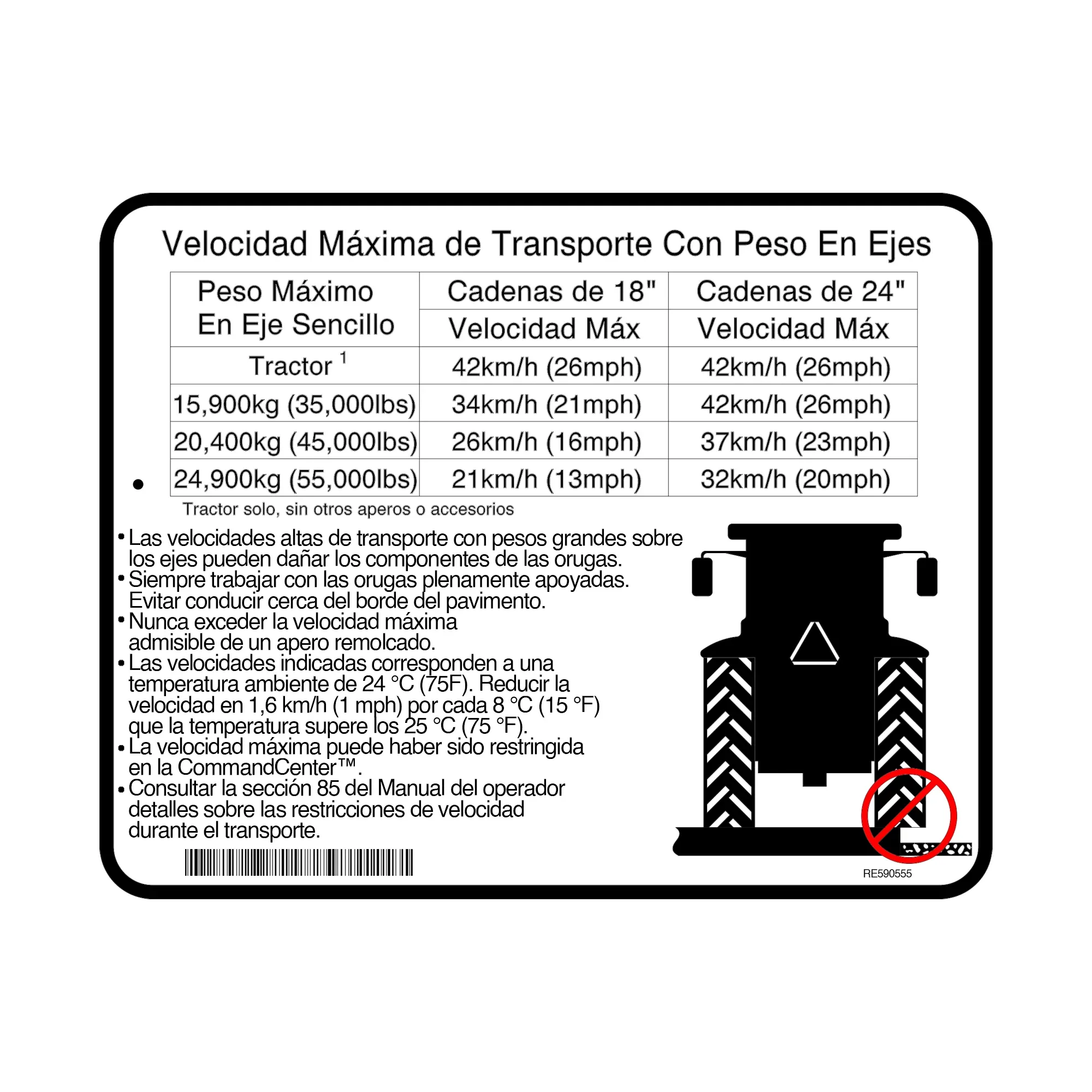 John Deere Narrow Transport Operation Label - RE590555