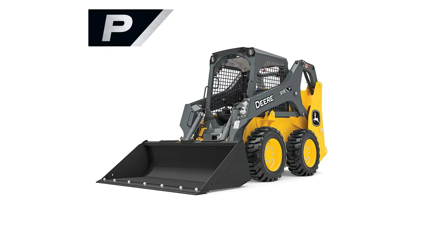 Front left studio view of 318 P-Tier Skid Steer with stylized P in the upper left corner