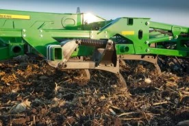 Side close-up of the Fore-Aft Ripper Shank Spacing on a 2730 Combination Ripper in a field