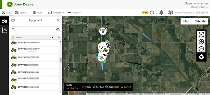 Screenshot of Operations Center equipment map, with satellite map showing farmland, river, and circular machine icons