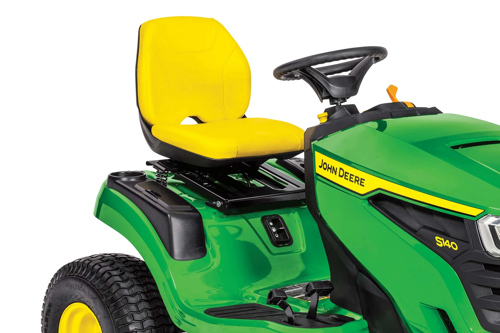 Front right studio view of the seat and operator station of an S140 Lawn Tractor