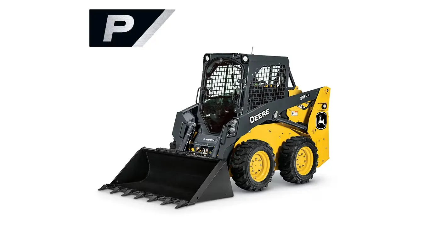 Front left studio view of 316 P-Tier Skid Steer with stylized P in the top left corner