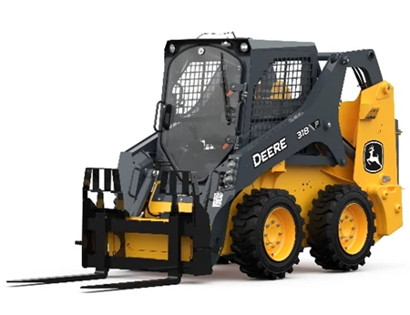 Studio front left view of a 318 P-Tier Skid Steer with attached P45 Pallet Forks