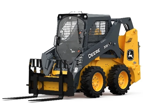 Studio front left view of a 318 P-Tier Skid Steer with attached P45 Pallet Forks