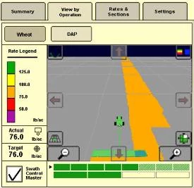 Screenshot of GS3 section control, with colored rate legend on left side and computer-generated map on the right with orange-highlighted strip