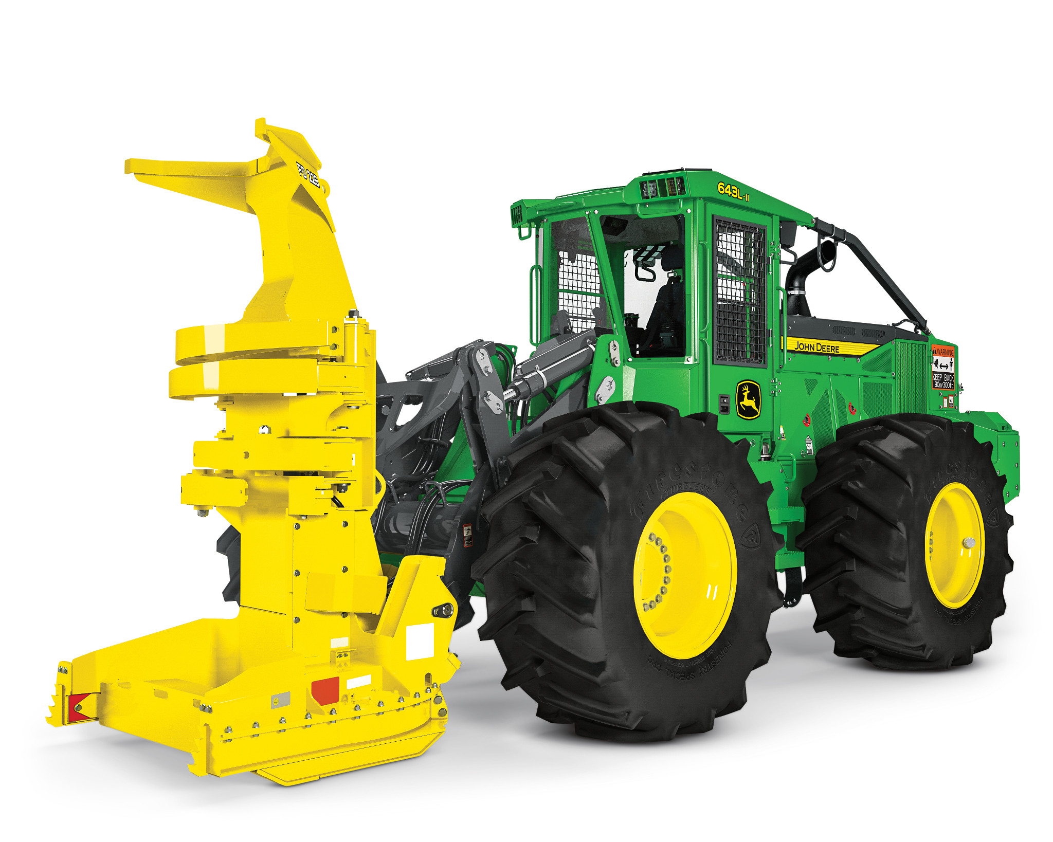 John Deere feller buncher grips and cuts a tree using a harvesting head in a forest, with green cab, yellow attachment, and tall trees with autumn foliage surrounding the work area.