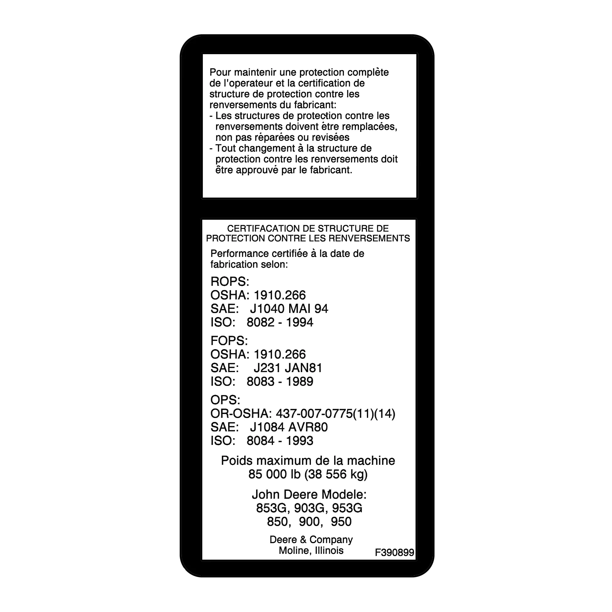 John Deere Roll Over Protection Structure Label - F390899