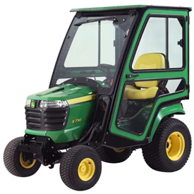 Front left studio view of an X700 Signature Series Lawn Tractor with Hard Cab ROPS installed