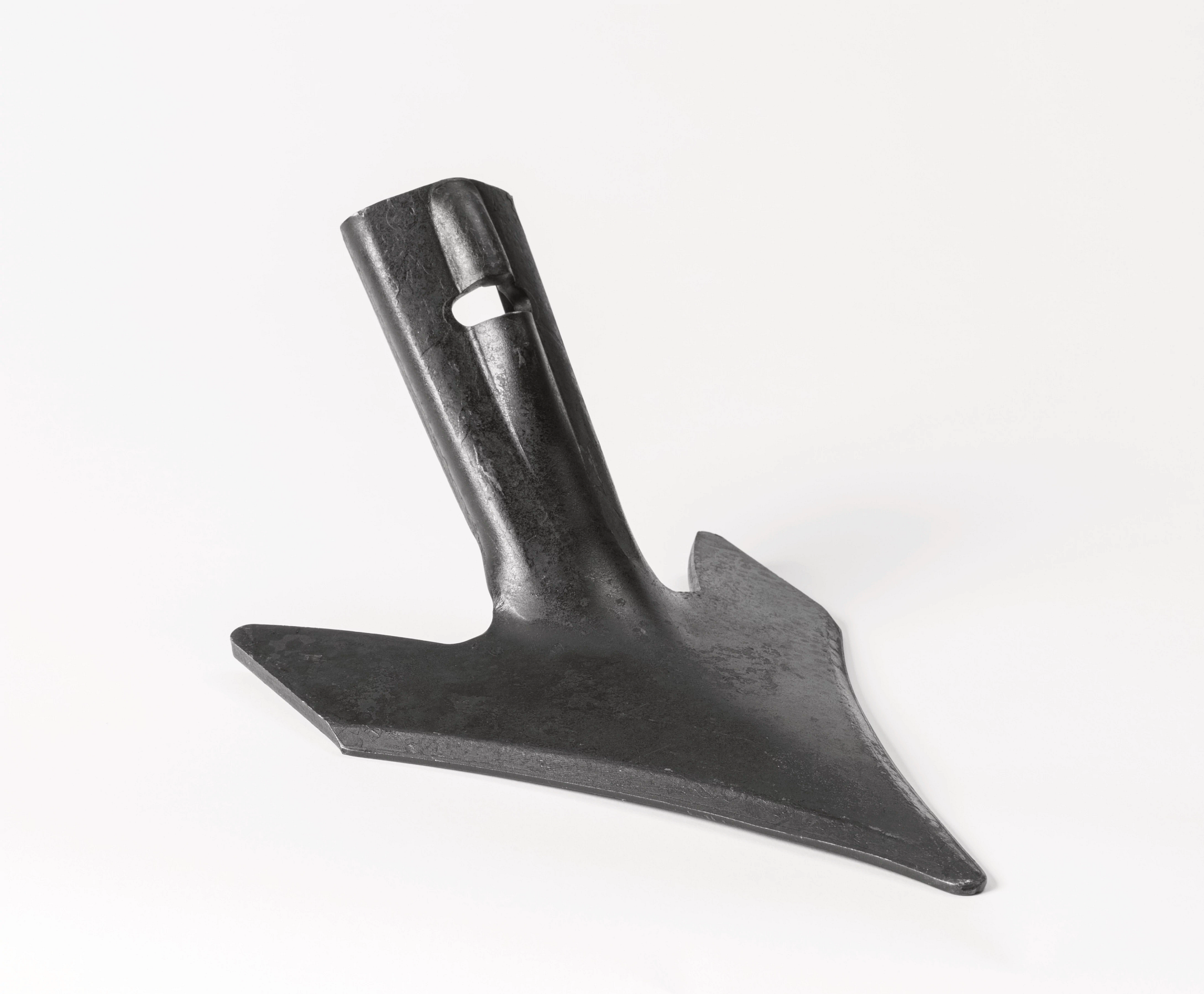 Steel cultivator sweep blade with a mounting shank, shown isolated on a white background, designed for tillage and weed control in agricultural fields