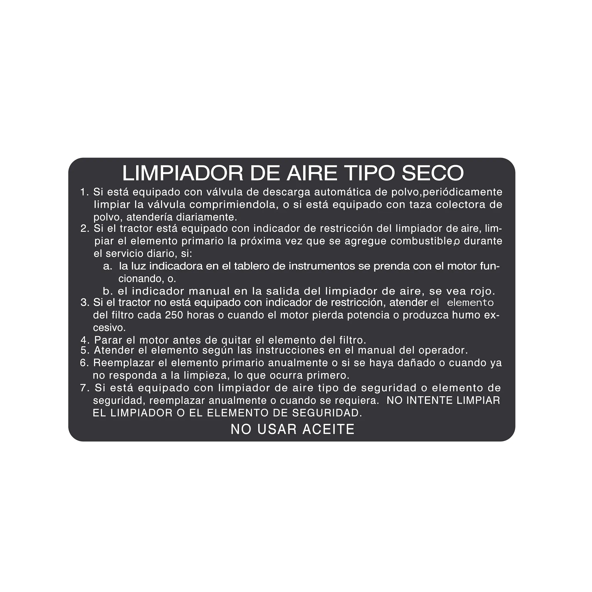John Deere Spanish Dry Air Cleaner Label - R69419