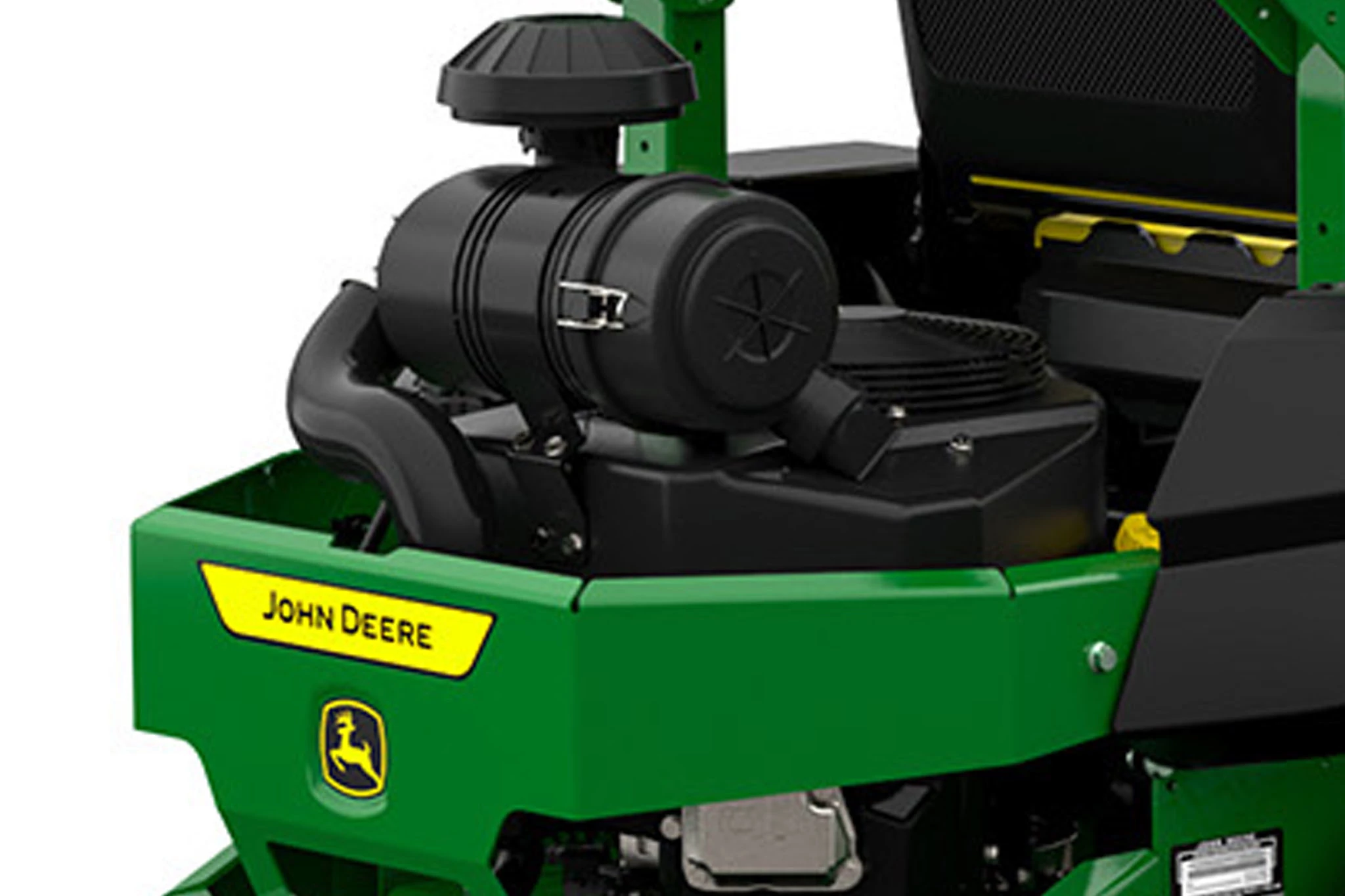 A zoomed-in rear studio shot of the engine on a green zero-turn mower.