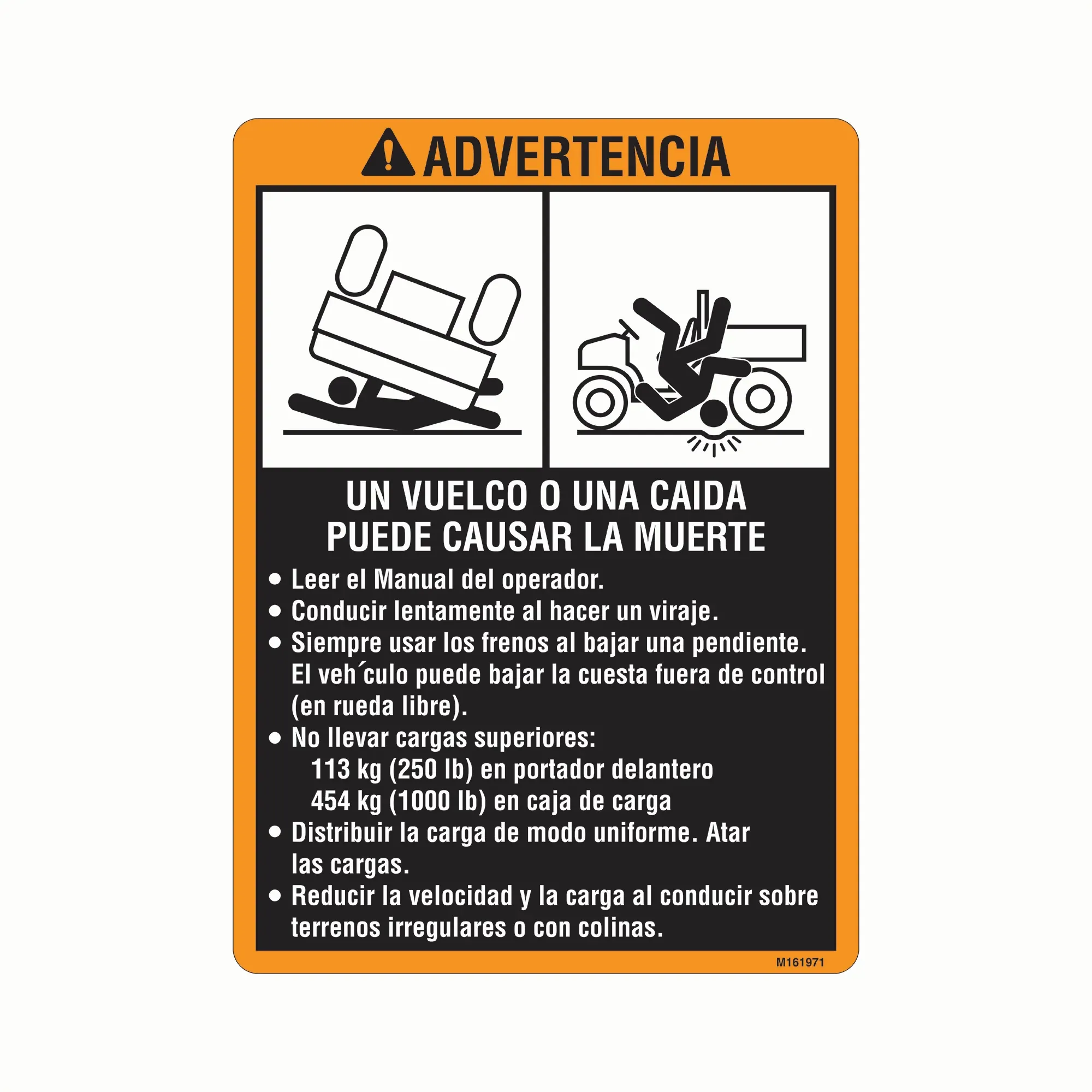 John Deere Warning Fender Label M-Gator, Spanish - M161971