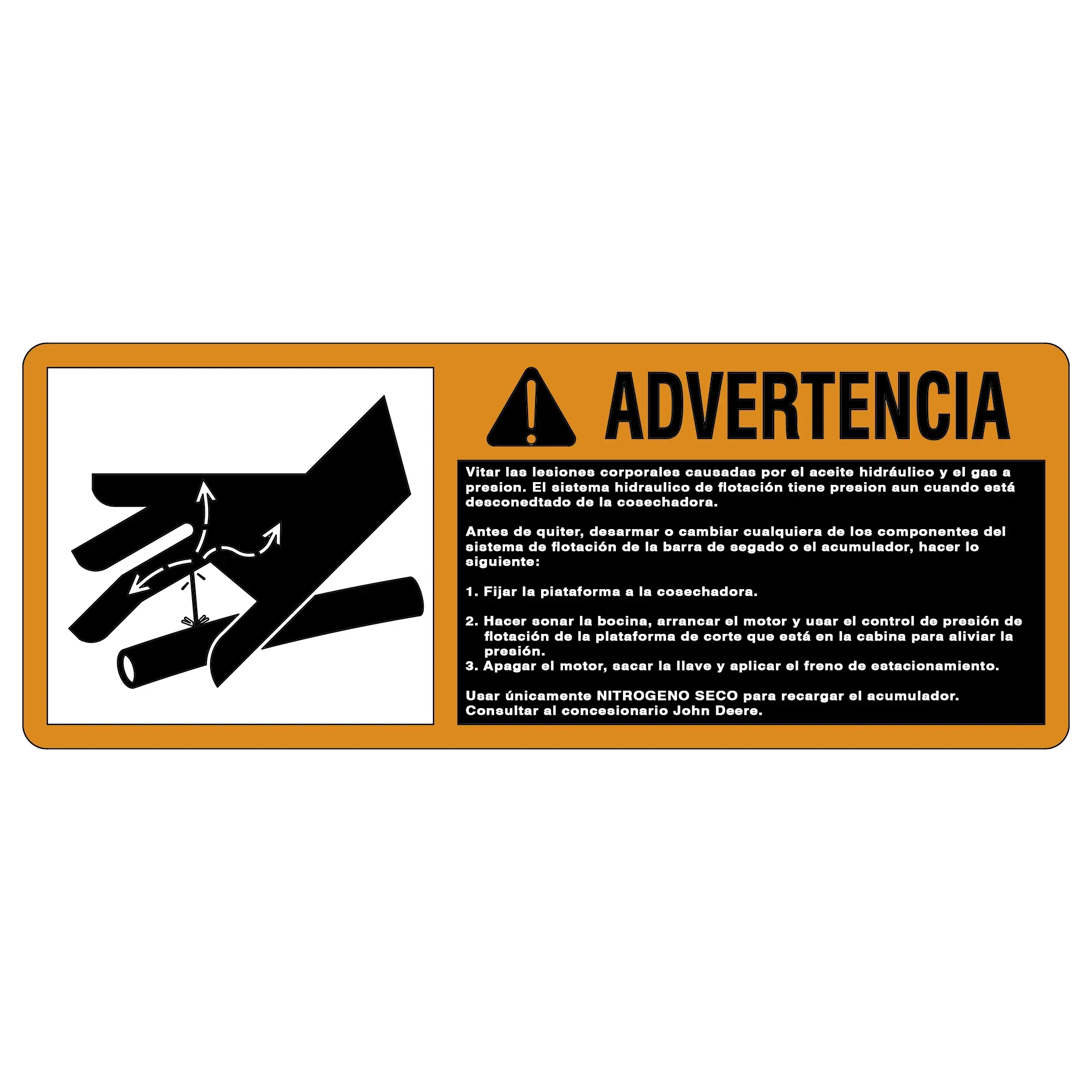 John Deere Safety Sign, Accumulator Warning, Spanish - H203508