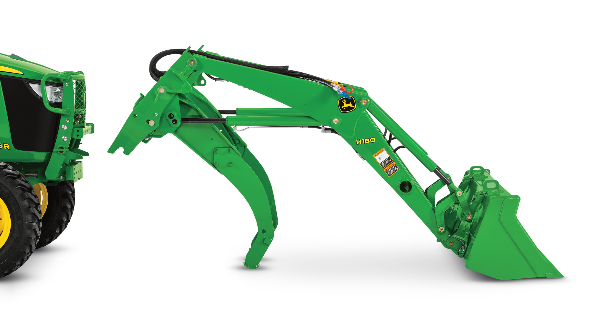Side view of a green tractor‑mounted front loader with digging bucket and curved stabilizing arm, shown against a white background