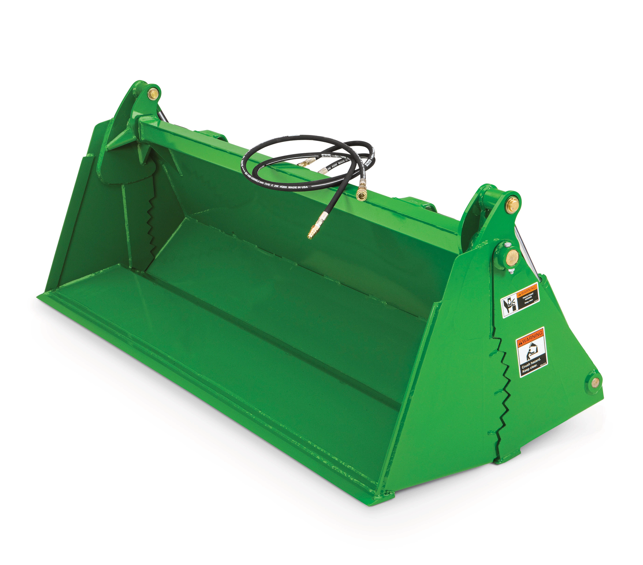 A green four-in-one bucket attachment with hydraulic connections and reinforced side panels is shown against a white background