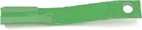 Green metal rotary cutter blade with a curved profile and a mounting hole on one end