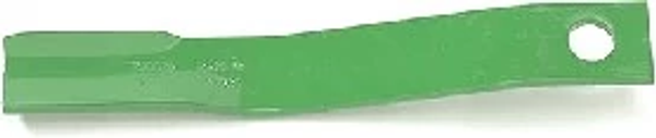 Green metal rotary cutter blade with a curved profile and a mounting hole on one end