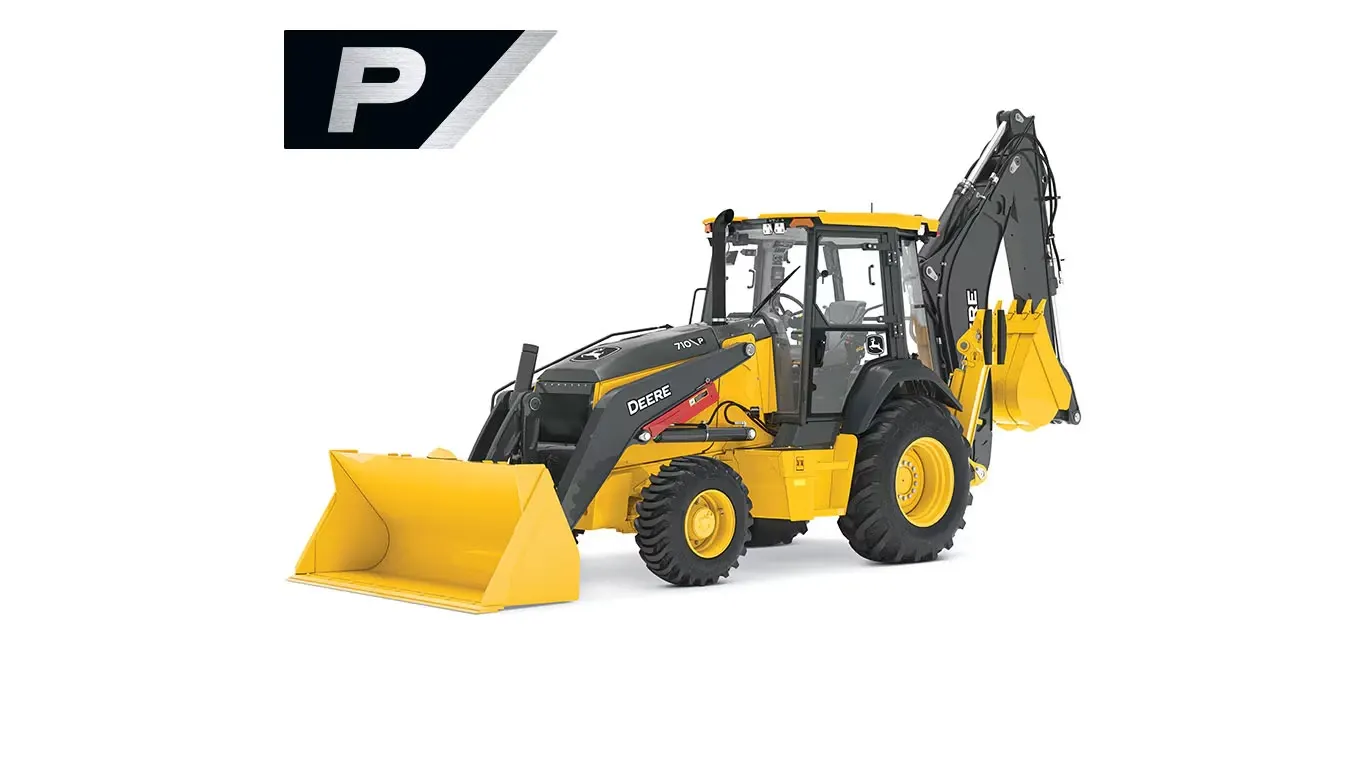 Front left studio view of 710 P-Tier Backhoe with stylized P in the upper left corner