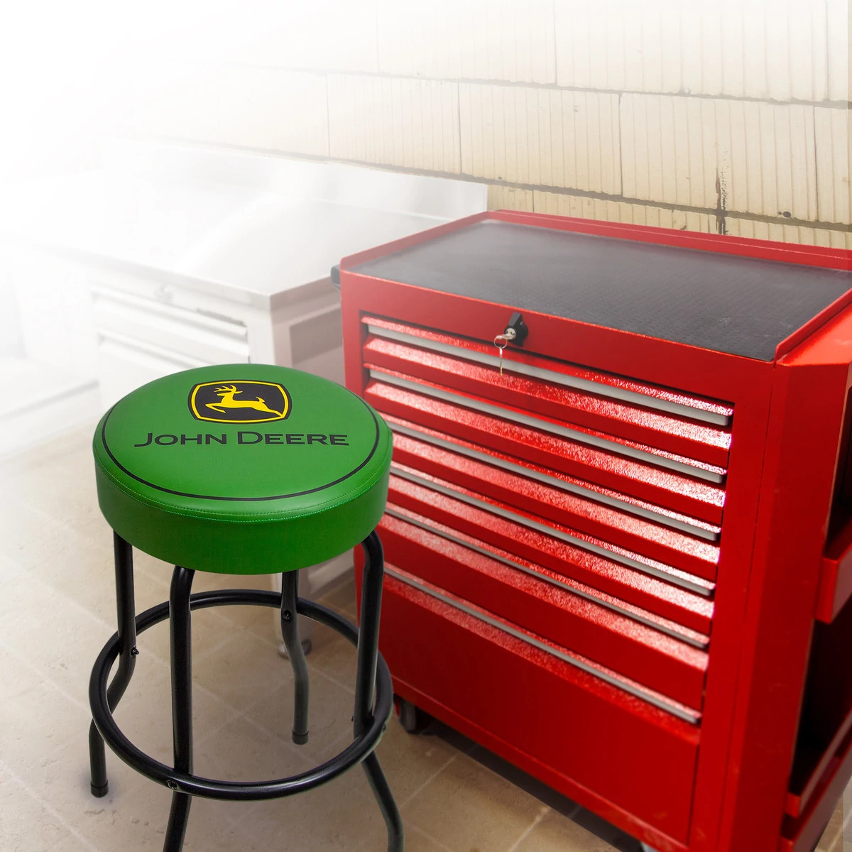Green Garage Stool with Matte Black Legs