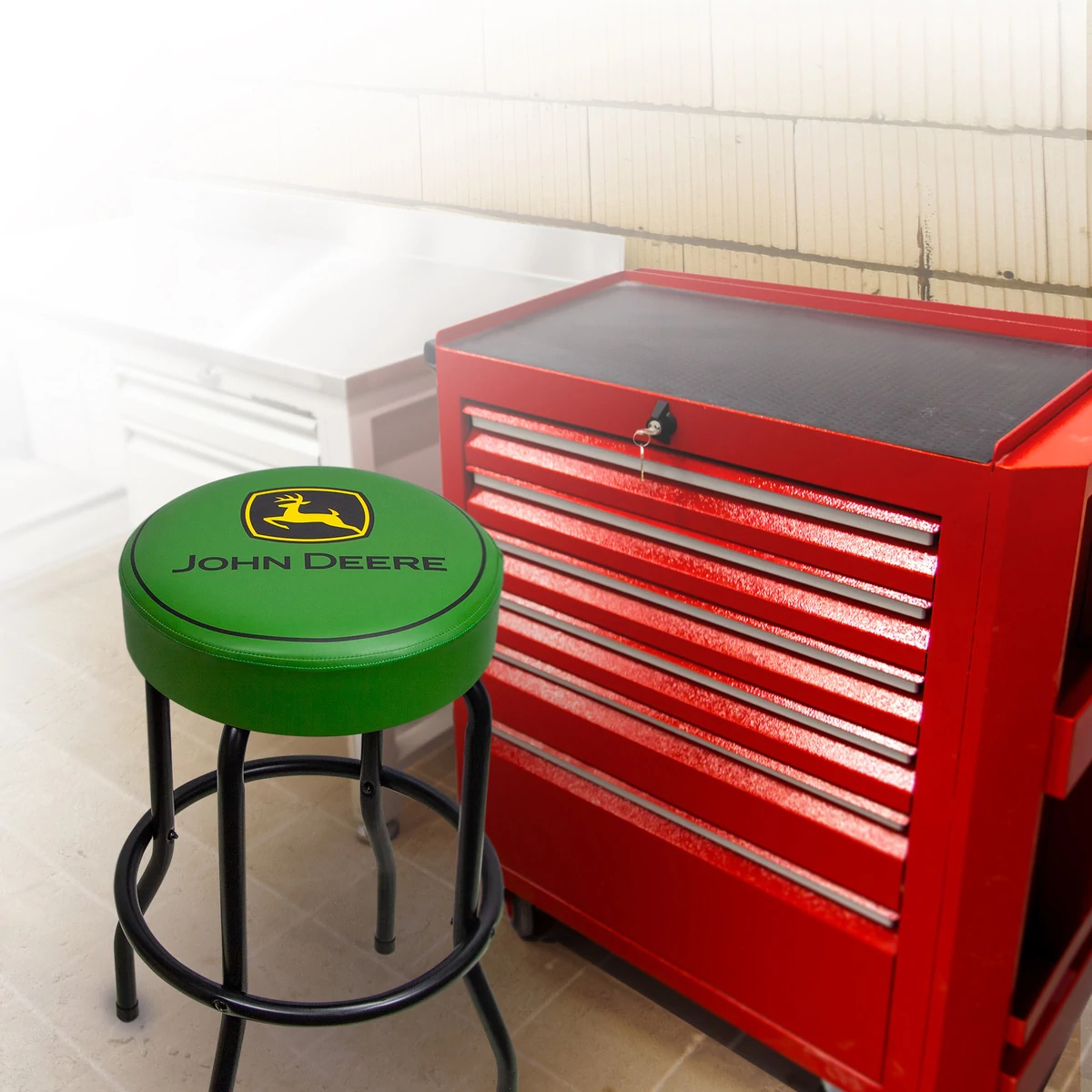 Green Garage Stool with Matte Black Legs