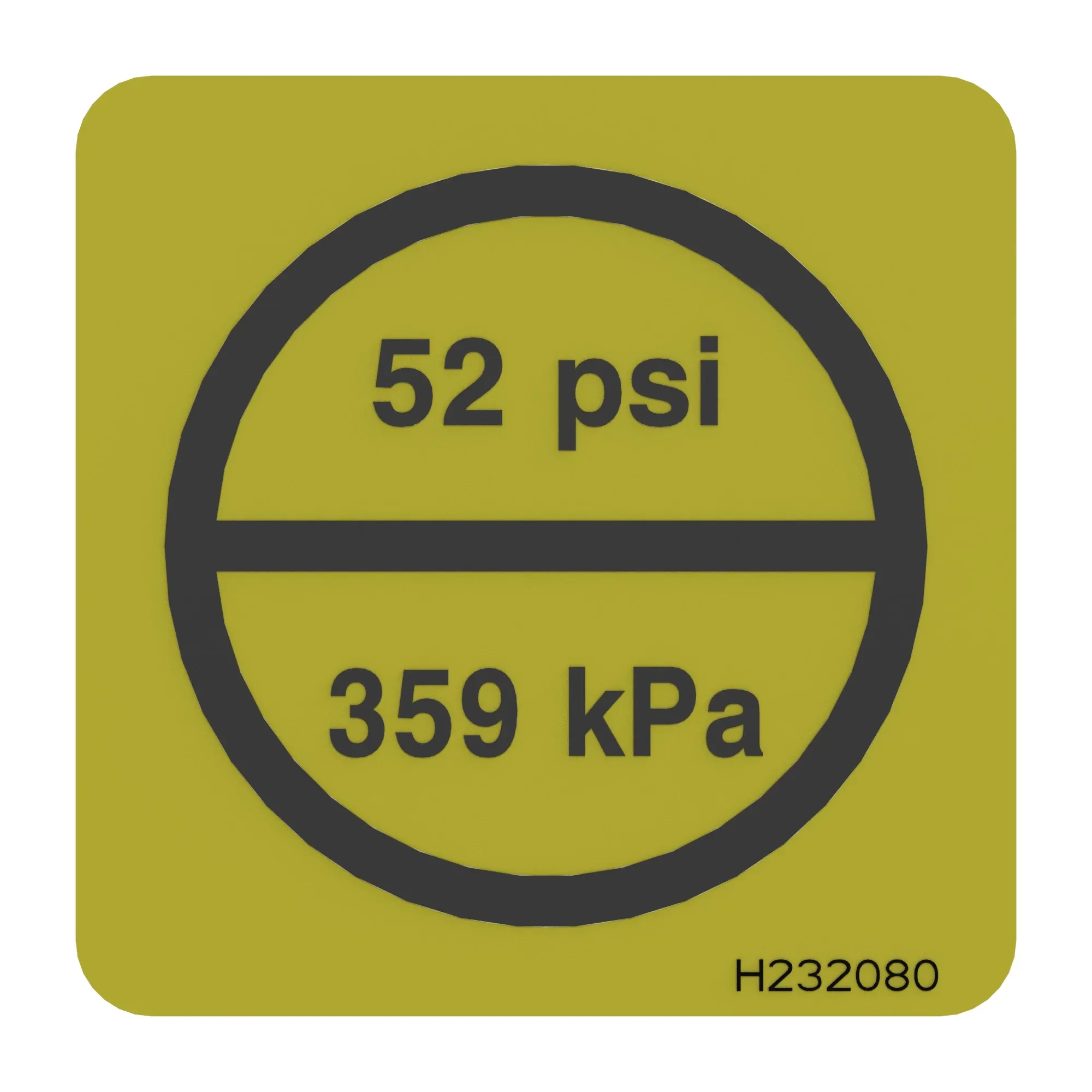 John Deere Label, Tire Pressure, 52 Psi - H232080