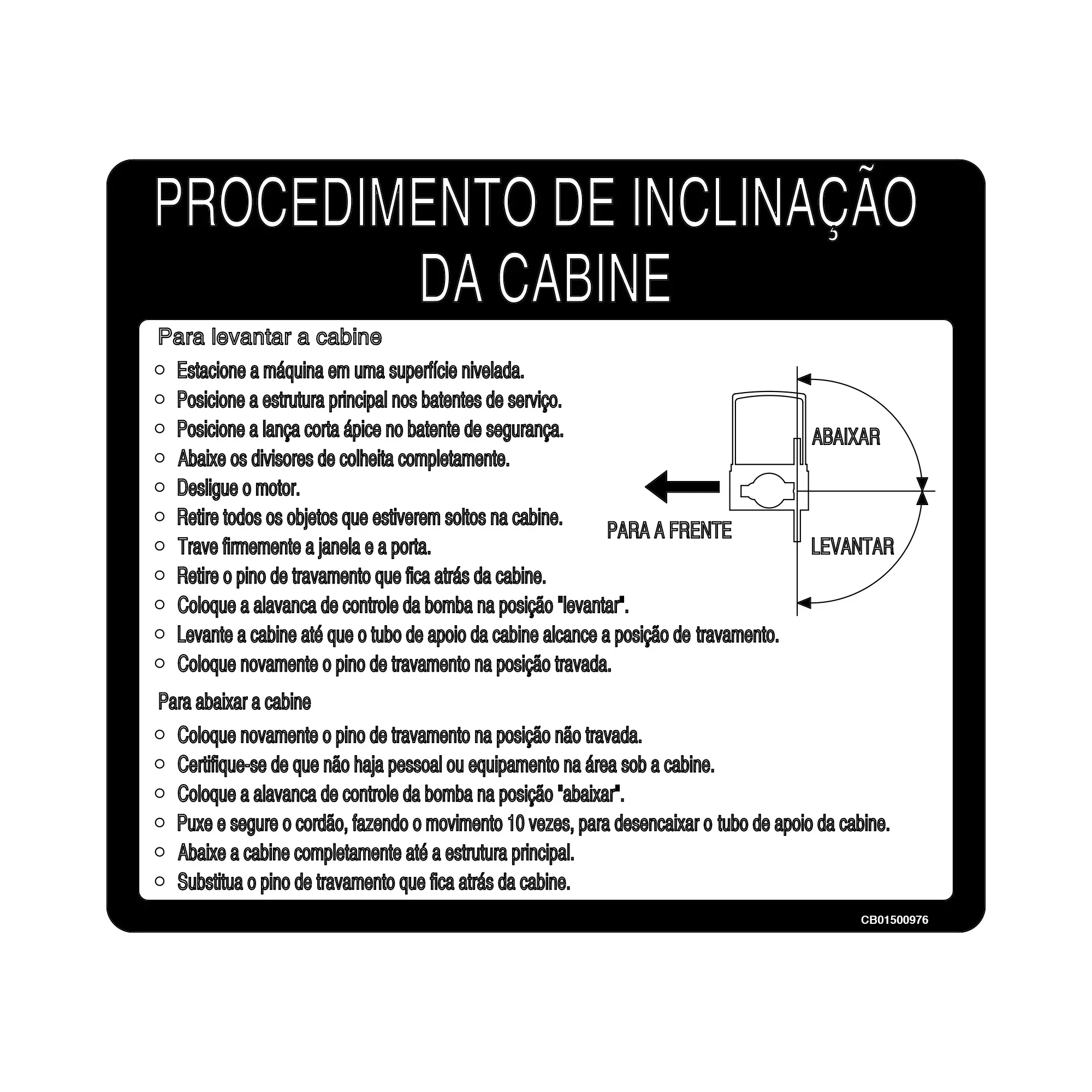 John Deere Portuguese Cab Tilt Procedure Instruction Plate - CB01500976