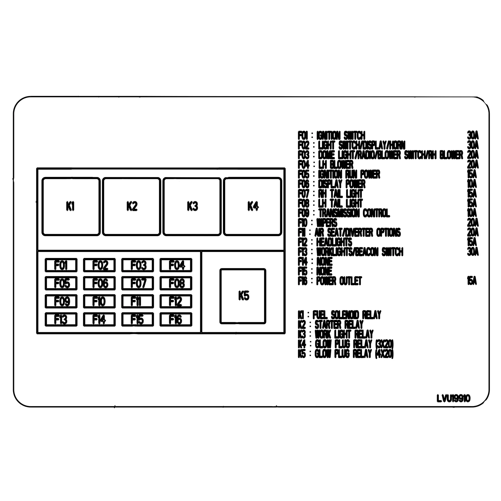 John Deere Fuse Panel Label, Cab Dom 3X20 - LVU19910