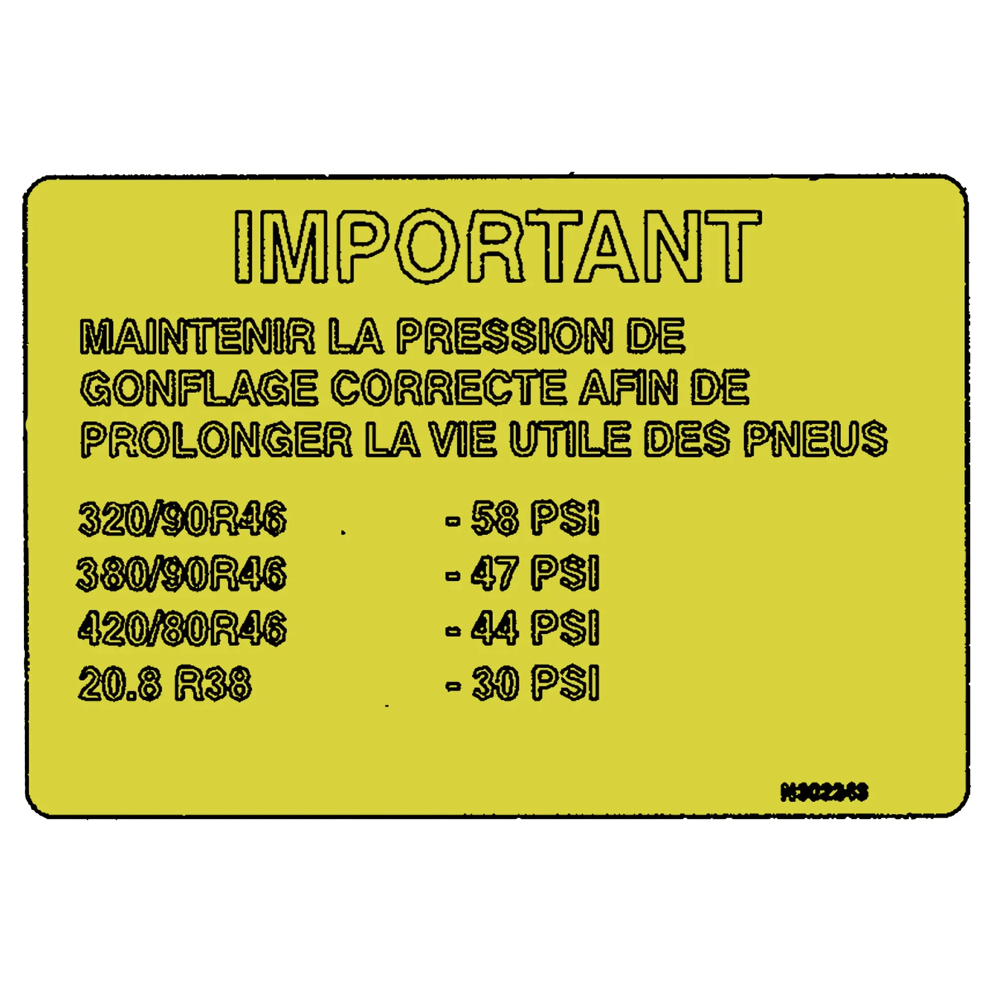 John Deere Label, Tire Pressure, French - N302243