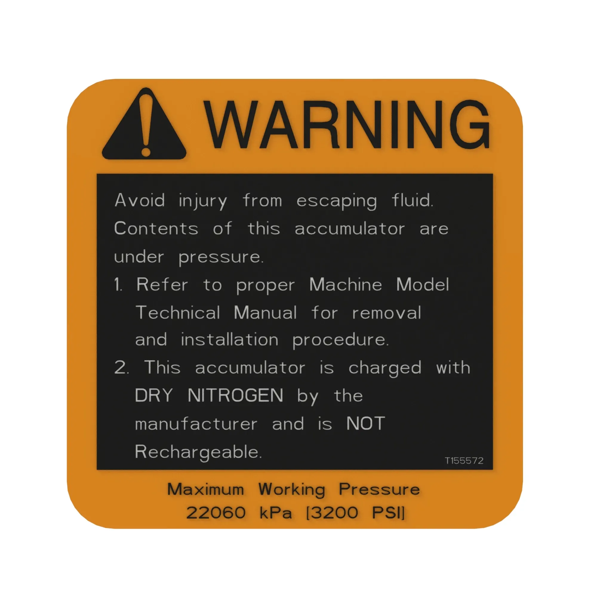 John Deere Safety Sign, Brake Accumulator Warning - T155572